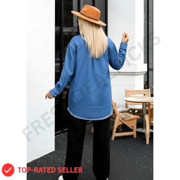 Oversized Denim Shacket Button-Up Long Sleeve Chic Casual Western Y2K - Picture 4 of 6